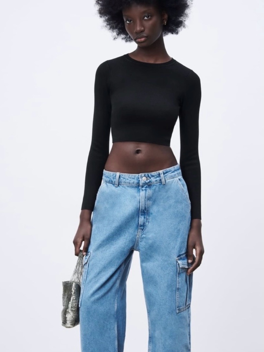 Zara Women’s Black Cropped Long-Sleeve Sweater Stretch Knit Top Small